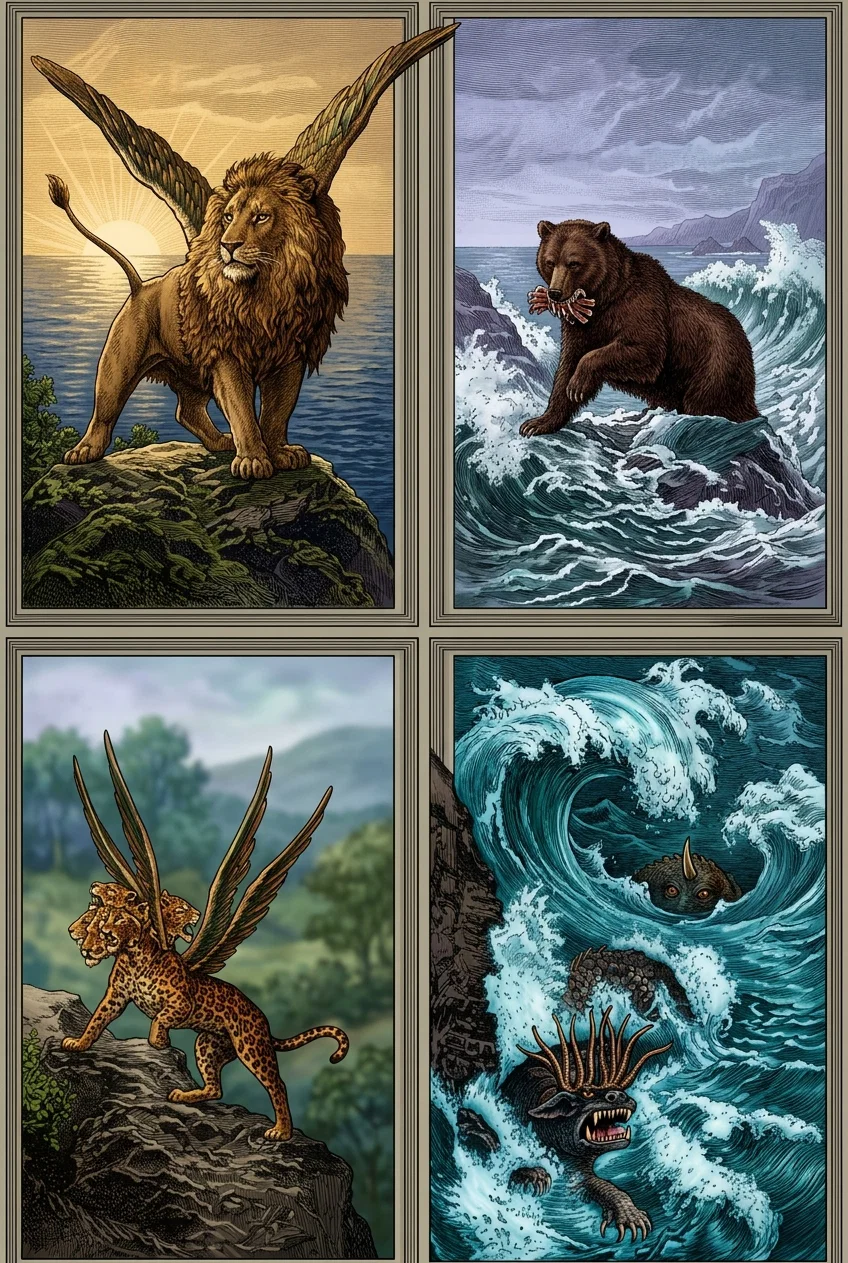 “And four great beasts came up from the sea, diverse one from another”