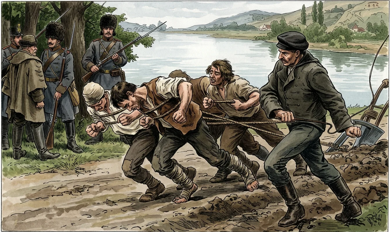 HUNGARIAN PEASANTS HITCHED TO A PLOW AS HORSES.