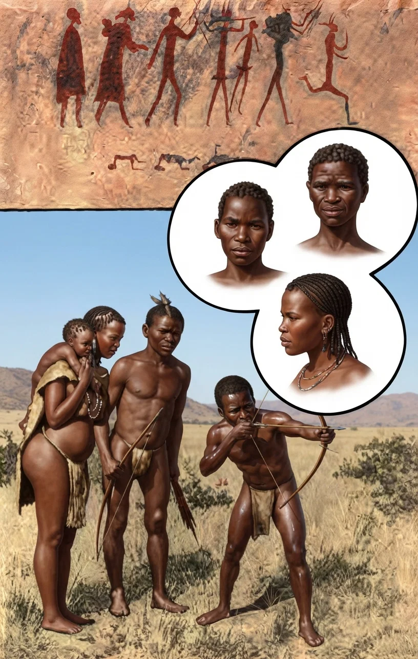 BUSHMEN 1. Bushmen drawings on the rocks. 2. Types: of man, boy, woman. 3. A family group.