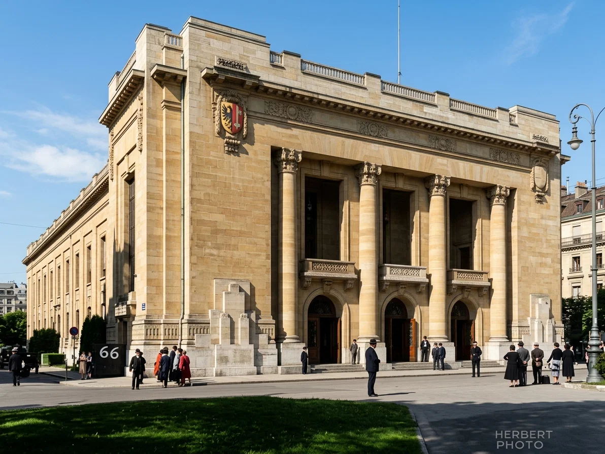The new meeting place of the League of Nations, the Palais Electoral at Geneva, Switzerland. No matter how hard the nations try to secure peace and safety at any cost, the venture is a futile one. The most promising arrangements always meet a tragic dénouement.