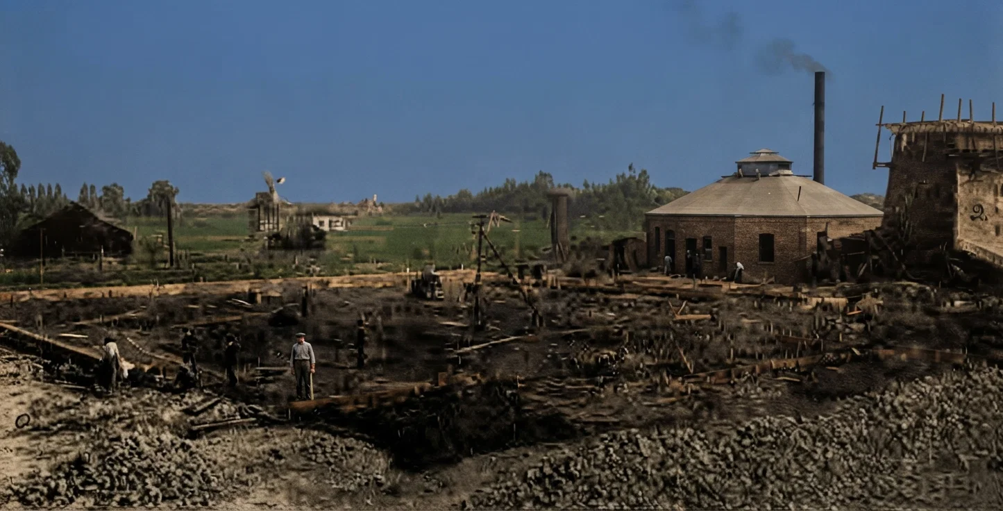 The Pacific Press grounds, Oct. 9, 1906, prepared for cement floor and frame, looking from the boarding house, where the offices now are, northeasterly. The power house and tank house to the right.