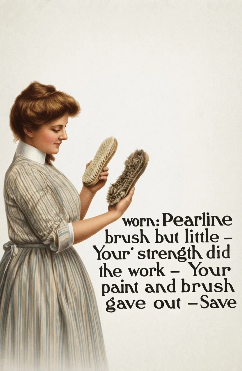 Brushes Talk Use a Scrubbing brush for a time ordinary way with Soap- Use another just like it for same length time with Pearline-this illustration shows what you'll find - Soap brush badly worn: Pearline brush but little - Your strength did the work - Your paint and brush gave out - Save them all by using Pearline The best form of the best Soap