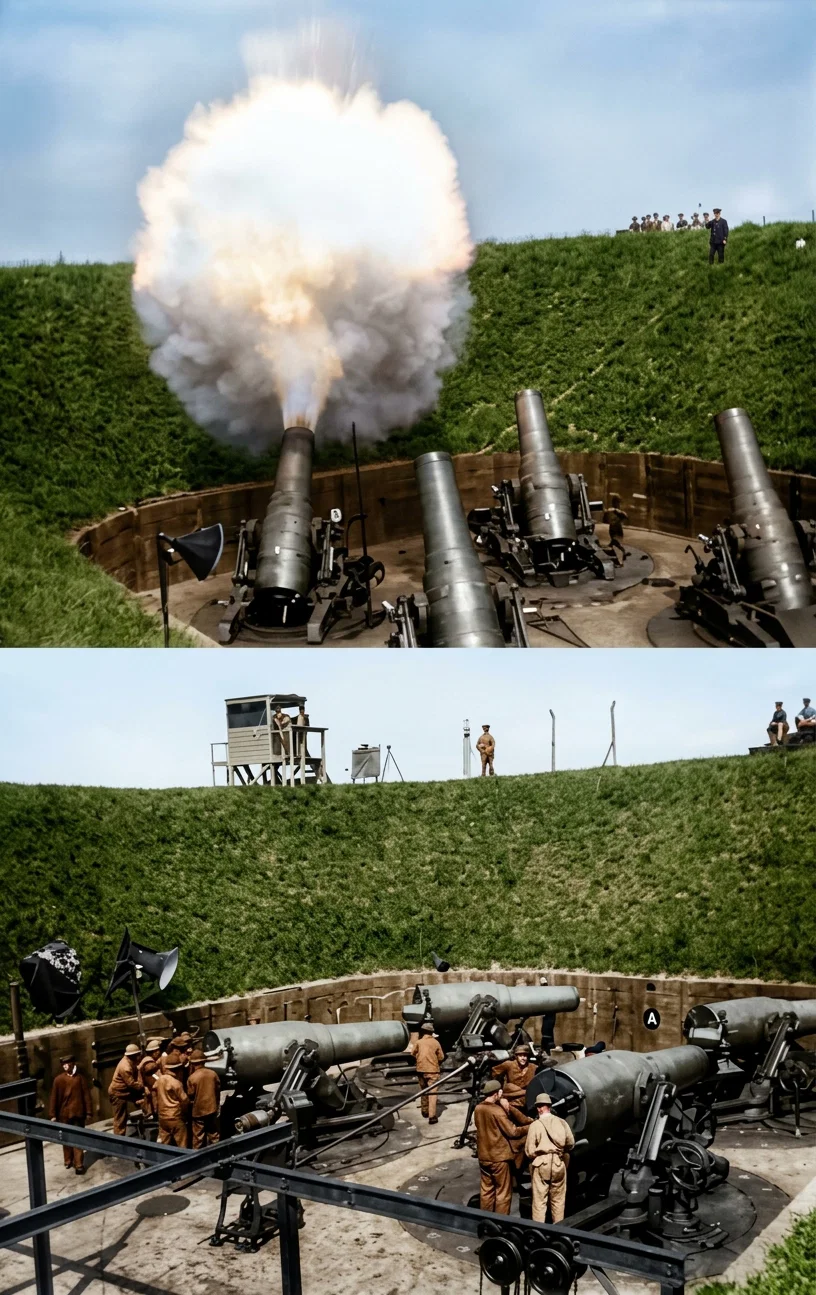 UPPER: FIRING A MORTAR GUN, FORT TOTTEN, LONG ISLAND, AUGUST 26, 1915.
LOWER: GENERAL VIEW OF PIT A AT FORT TOTTEN, IN NEW YORK HARBOR.