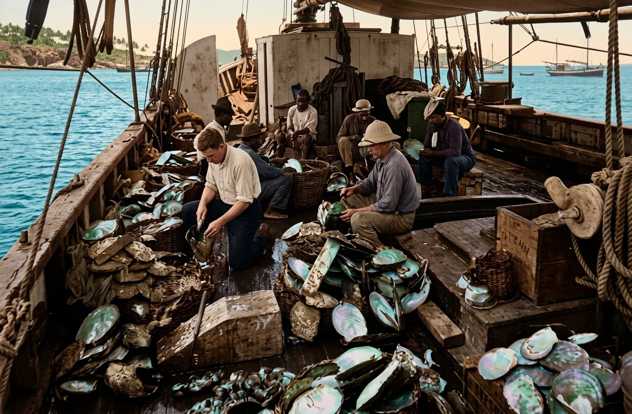 Opening Pearl Shells, Torres Straits.