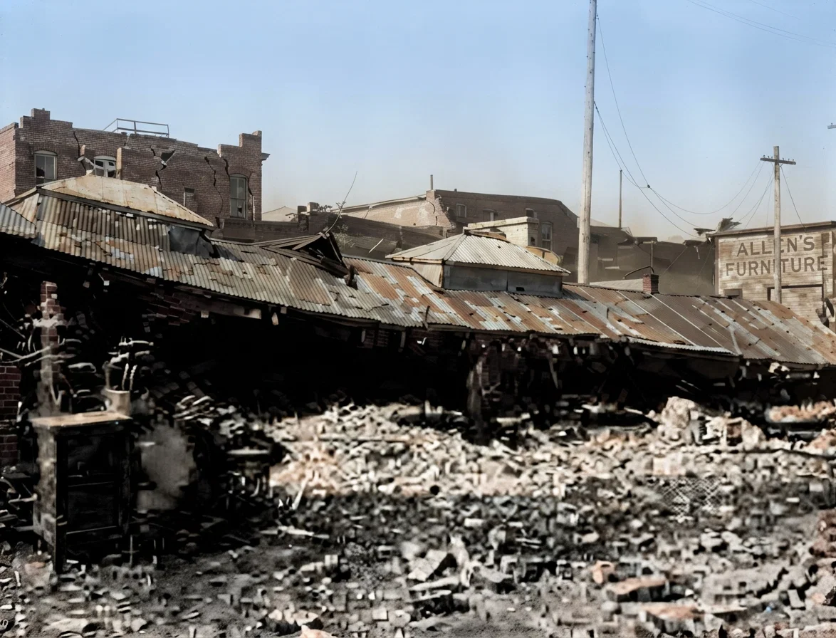 Mr. Allen's two-story brick furniture store in Mountain View, after the earthquake.