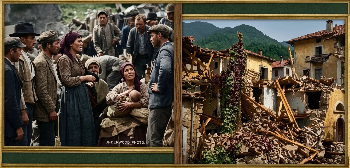 A pitiful group of homeless refugees seeking encouragement from an emergency relief worker. Right, a wrecked home in which the sleeping family was tumbled from beds to death below.