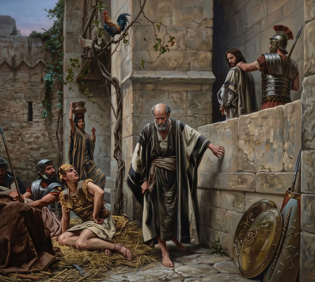 “Another confidently affirmed, saying, Of a truth this fellow also was with Him; for he is a Galilean. And Peter said, Man, I know not what thou sayest. And immediately, while he yet spake, the cock crew. And the Lord turned, and looked upon Peter. And Peter remembered the word of the Lord, how He had said unto him, Before the cock crow, thou shalt deny Me thrice. And Peter went out, and wept bitterly.” Luke 22:59-62.