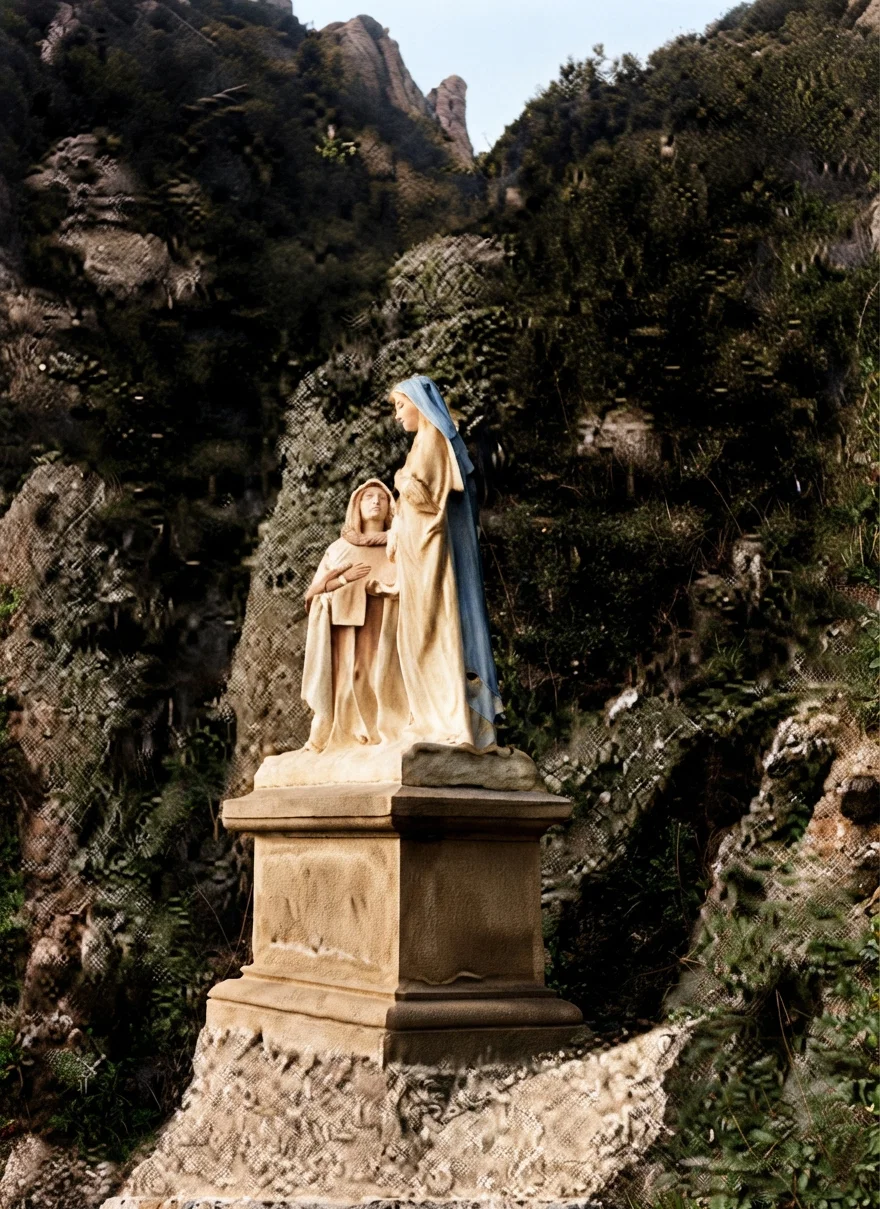 Beautiful trails wind up and down the mountainsides, and in many unexpected nooks and corners are seen monuments representing different mysteries. This one is the second, the "Mystery of Joy."