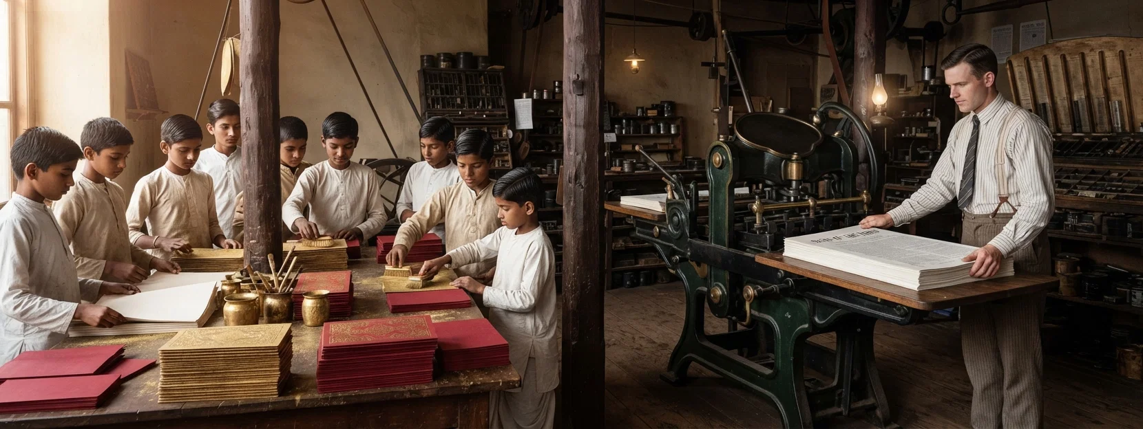 This is a view of our mission pressroom, dark and crowded. In the left of the picture the boys are brushing the gold on our New Year's "Signs" covers. Brother Roberts is feeding the new large press on the right. Are hoping for better quarters, and thankful for donations received through the "Signs."