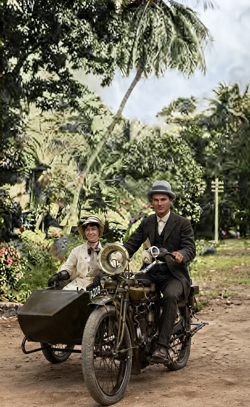 One way of visiting the churches. E. C. Boger, president of the Jamaica Conference and Mrs. Boger, with their motor.