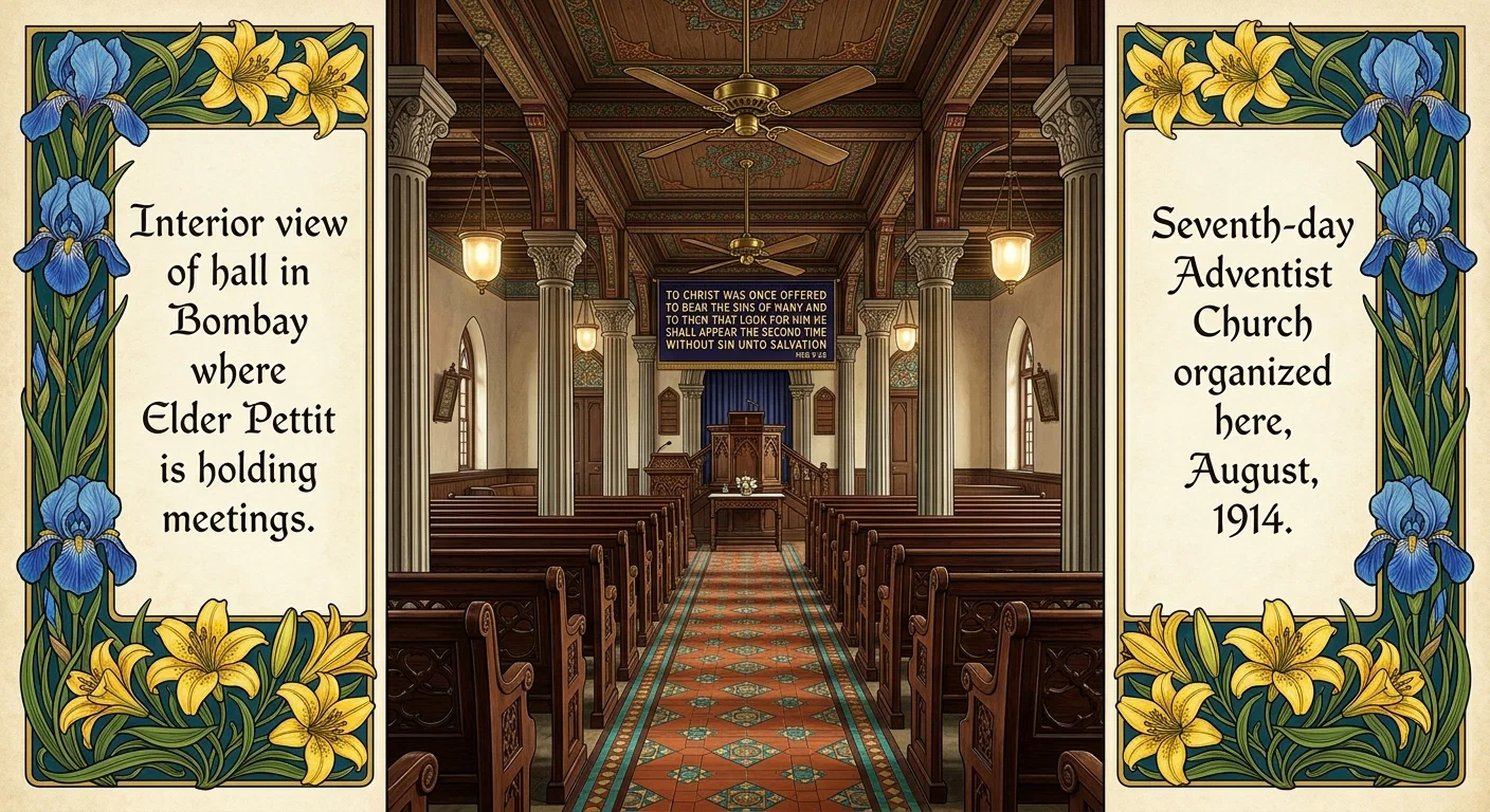 Interior view of hall in Bombay where Elder Pett is holding meetings

Seventh-day Adventist Church organized here, August, 1914