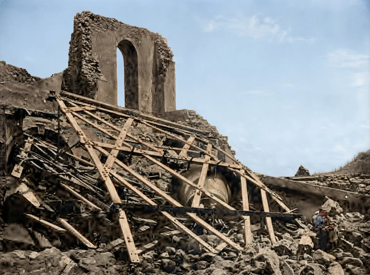 Ruins of Cathedral, Showing One of the Famous Chime of Bells. (See illustration on page 11.)