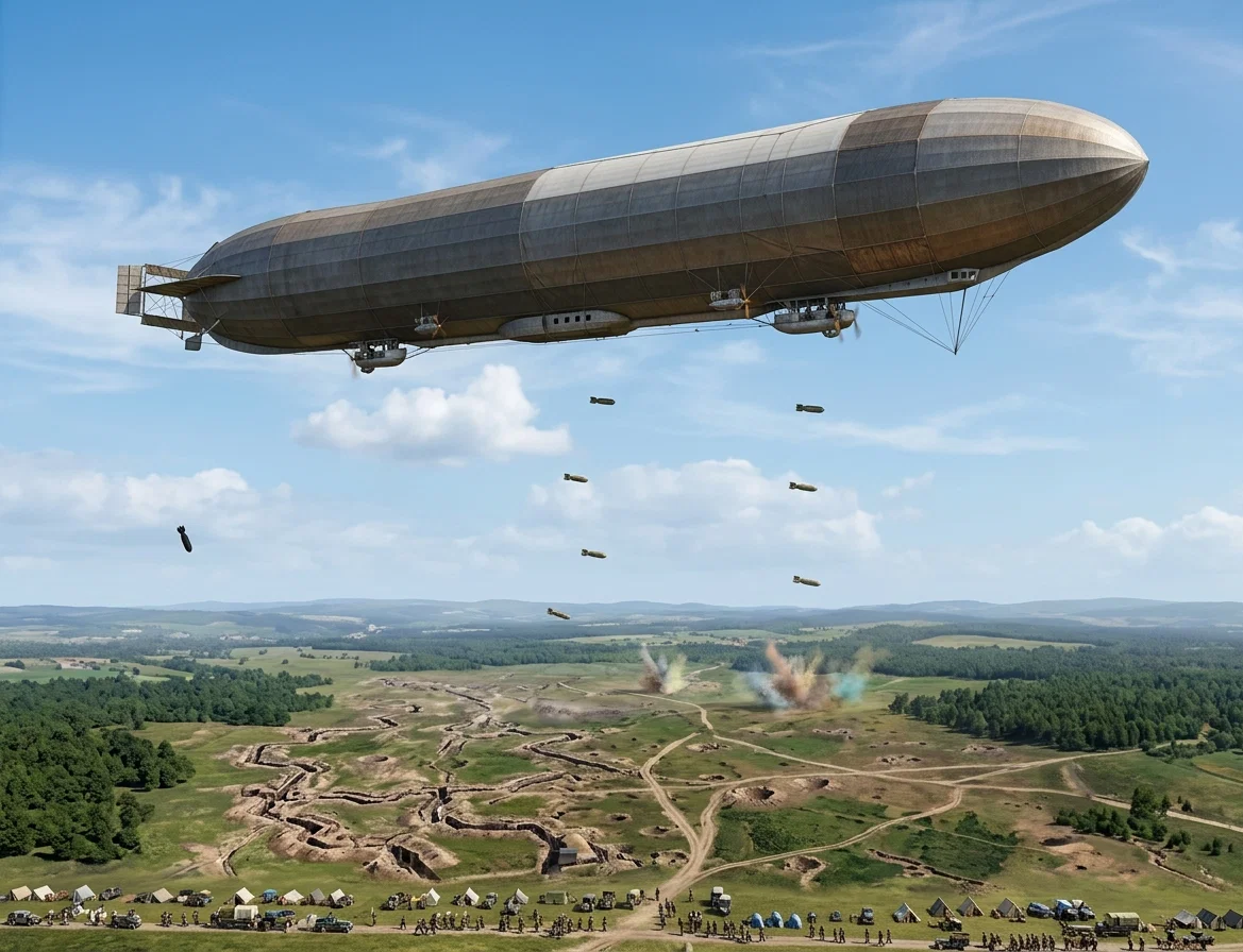 A modern zeppelin, costing $200,000, drops bombs from the skies, many of which do not take effect. A single shot may bring it to the earth.