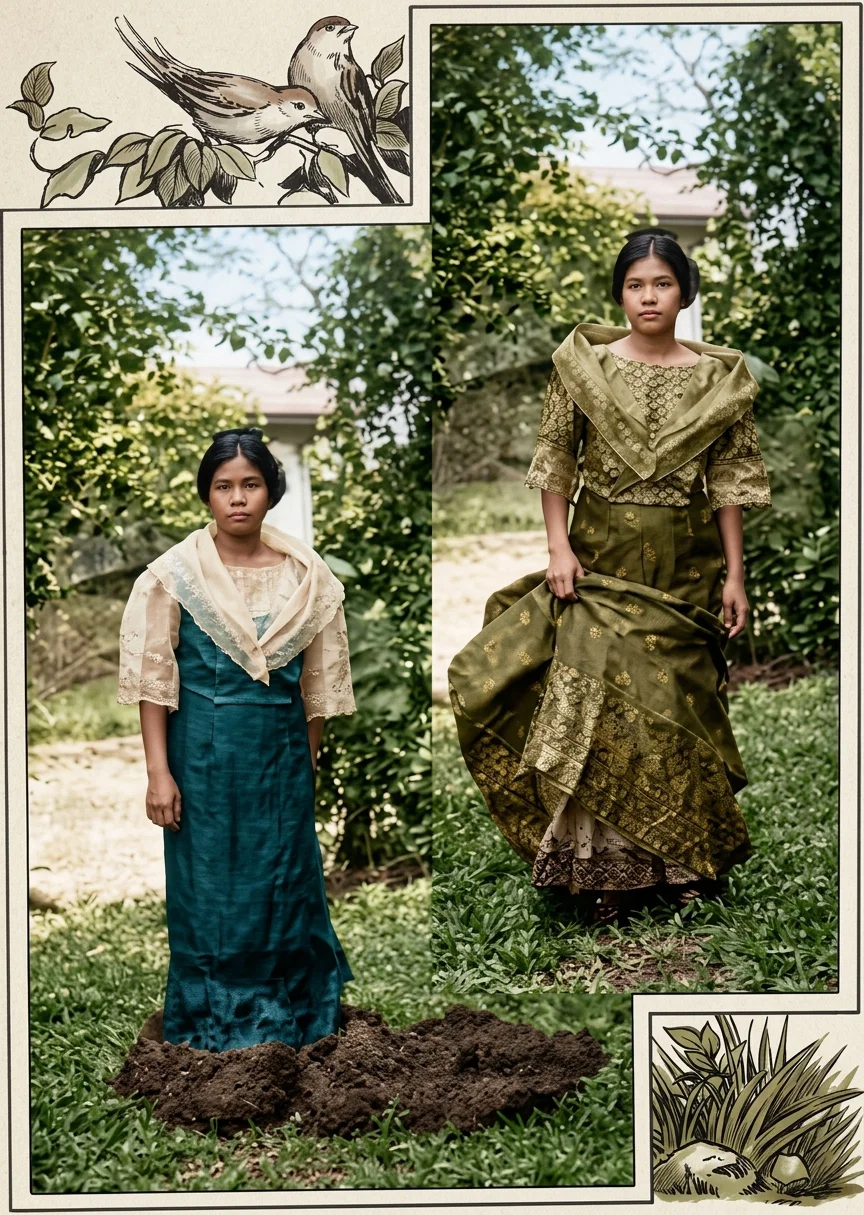 Left: NATIVE FILIPINO COSTUME. Right: NATIVE COSTUME GATHERED UP FOR A STROLL ON THE STREET.