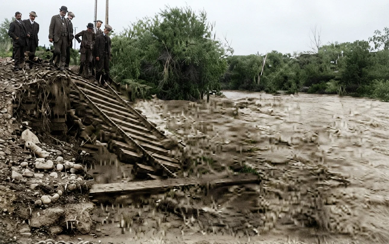 ONE OF THE MANY ELECTRIC RAILWAY BRIDGES WASHED OUT NEAR LOS ANGELES BY THE LATE STORM