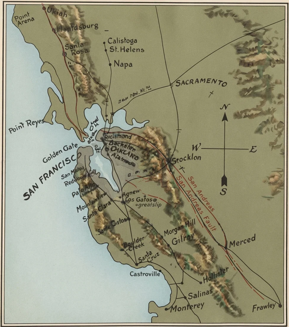 EARTHQUAKE DISTRICT FROM UKIAH ON THE NORTH TO SALINAS ON THE SOUTH A DISTANCE OF 200 MILES