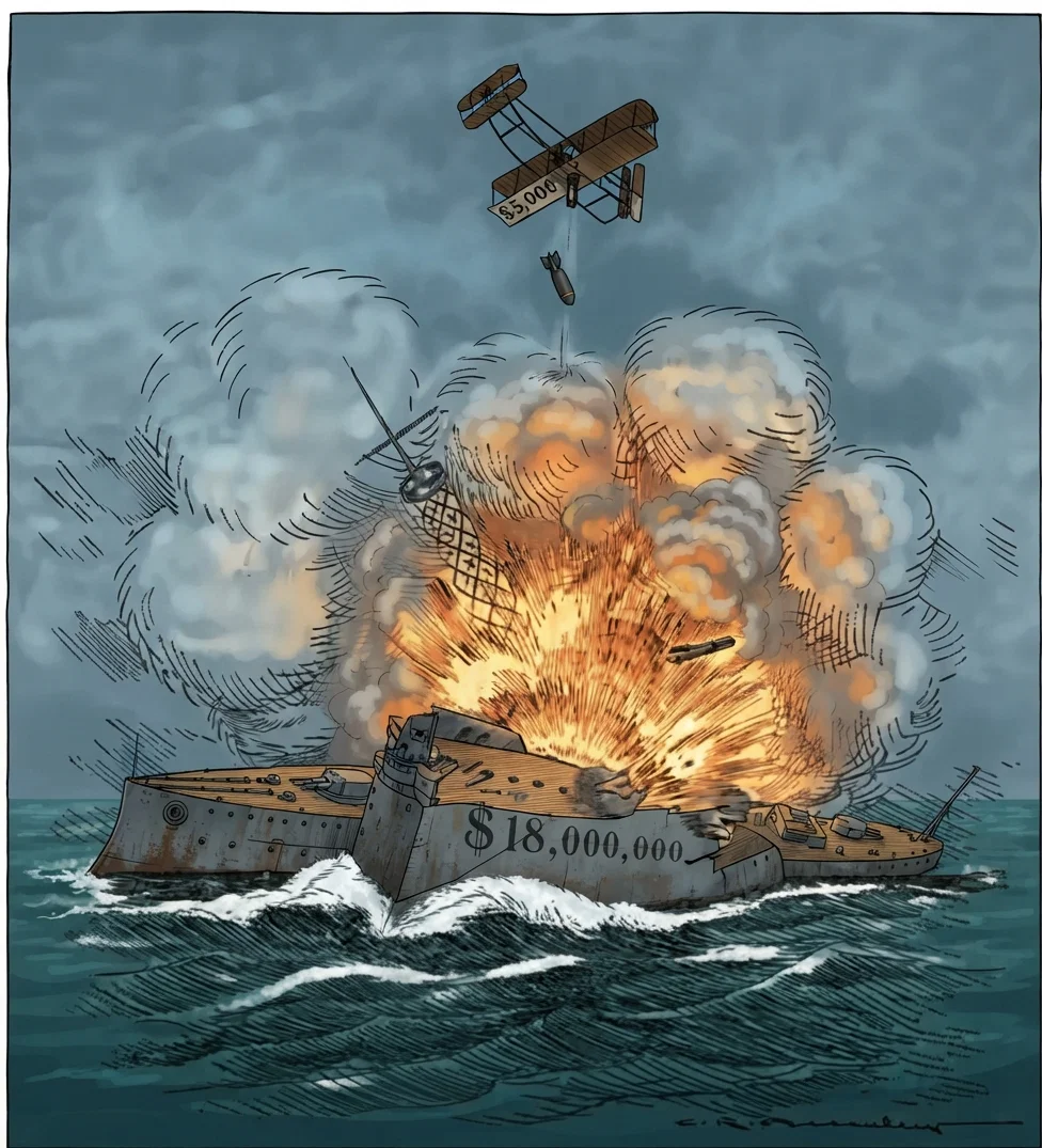 In the above illustration the artist shows how a $5,000 air-ship may drop a bomb that will destroy an $18,000,000 battle-ship. The air-ship may not be developed to the place at the present where it can do such a thing as this, but it is very rapidly approaching the degree of perfection and capacity that will enable it to do it. This is only one of the myriads of illustrations which serve to show the spirit of intensity that is in the world, driving men forward in the great struggles of war preparation.