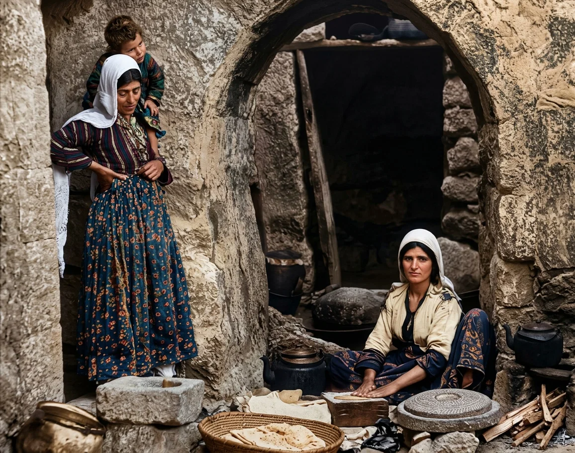 Syrian Peasant Girl of Palestine Making and Baking Bread at the door of the Dwelling.