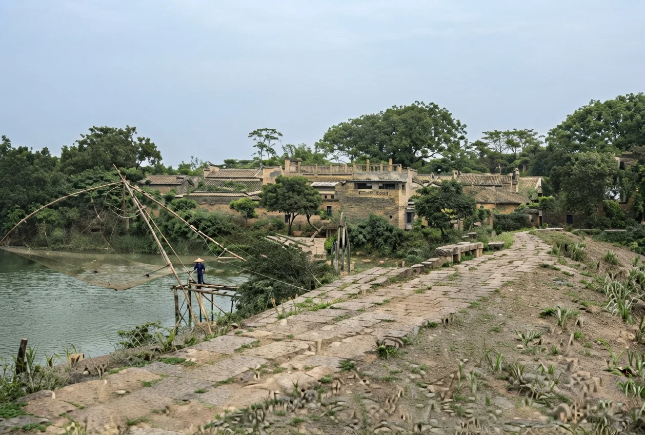 Stone Paved Path in Country Village, China. Fishing Scene.