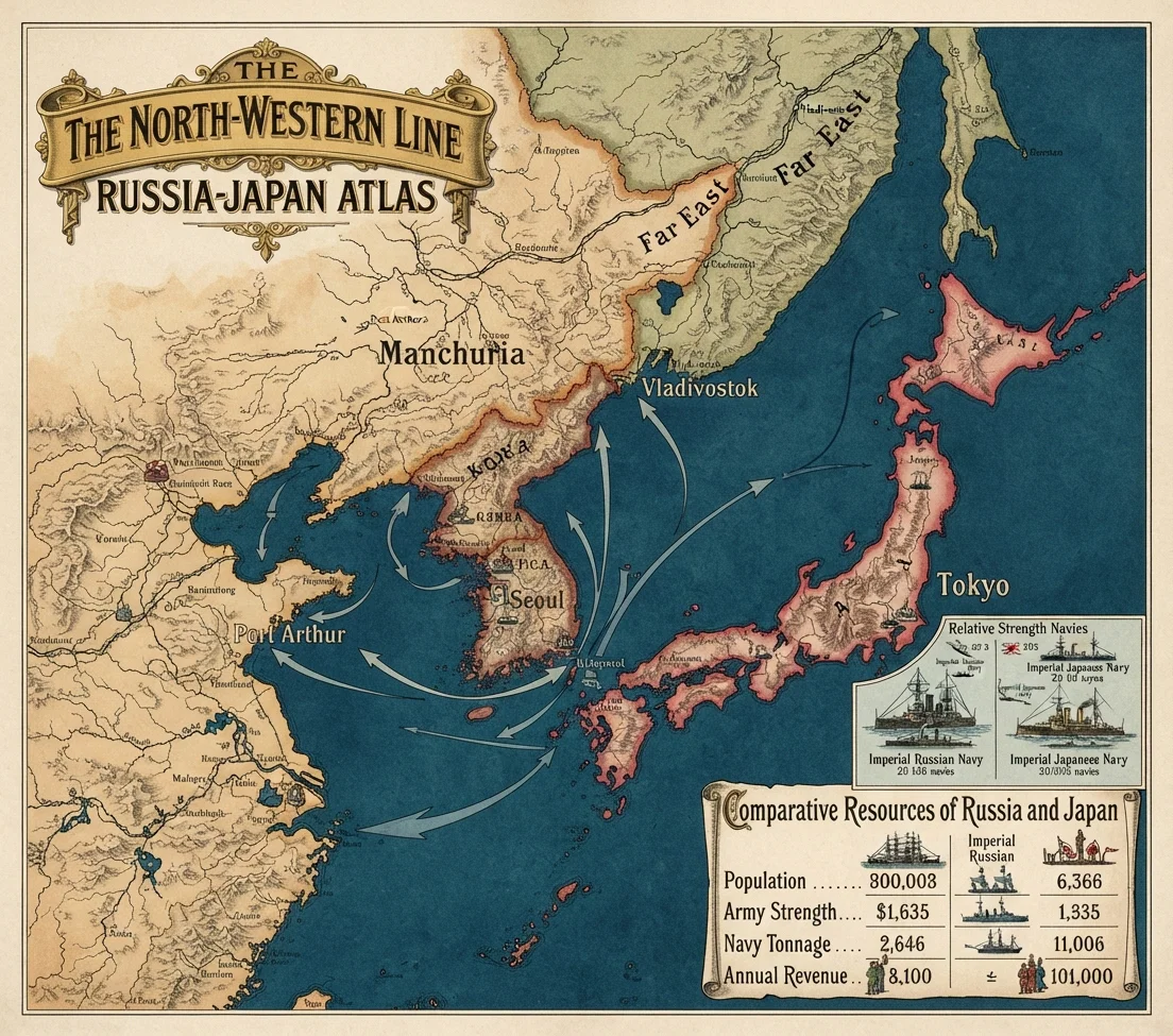 THE NORTH-WESTERN LINE RUSSIA-JAPAN ATLAS. Send ten cents in stamps to R. R. Ritchie, No. 617 Market Street, San Francisco, for Russo-Japanese War Atlas, issued by the Chicago & North-Western Railway, three fine colored maps each 14x20, bound in convenient form for reference. The Eastern Situation shown in detail with tables showing relative military and naval strength and financial resources of Russia and Japan.