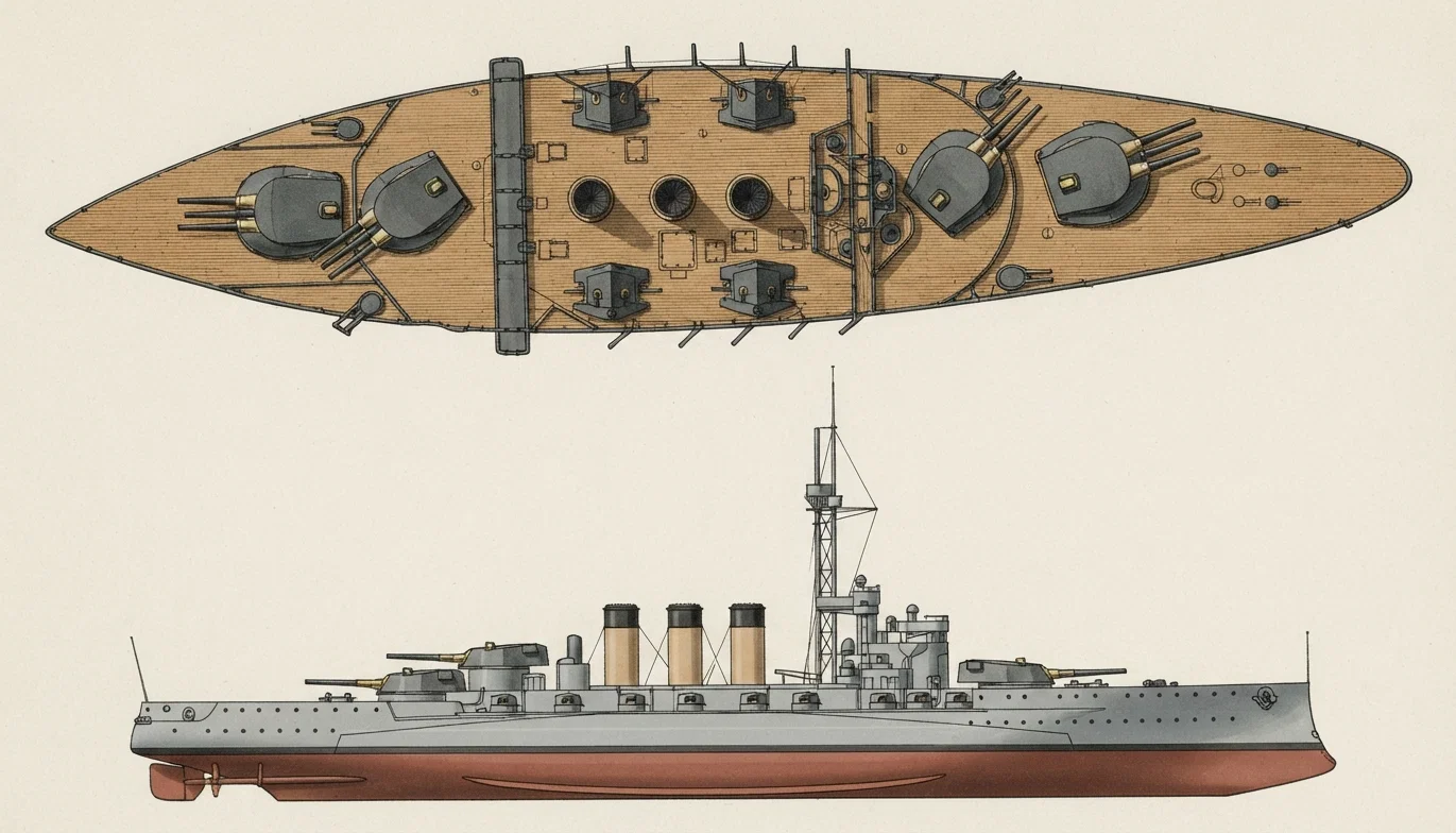 Plan of first Italian Dreadnought, the first vessel to be armed with three-gun turrets