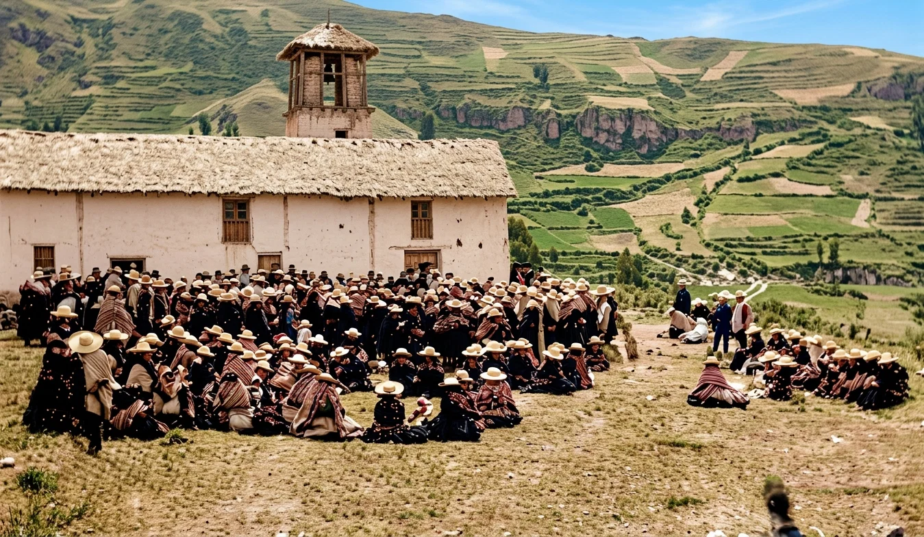 This shows a quarterly meeting in progress at our Indian mission at Plateria, Peru. The church building adjacent is not large enough to hold the congregation, so in this orderly manner these sacred ordinances are observed outside.
