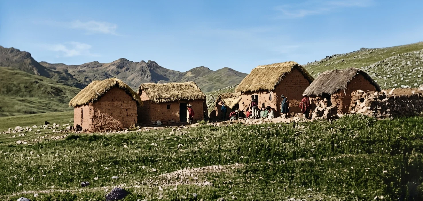 INDIAN HOUSES IN HIGH MOUNTAINS OF PERU, 14,000 FEET ABOVE SEA, WHERE MISSIONARIES "STAHL" AND CLUFF WERE CALLED TO PERFORM OPERATION ON SICK BOY.