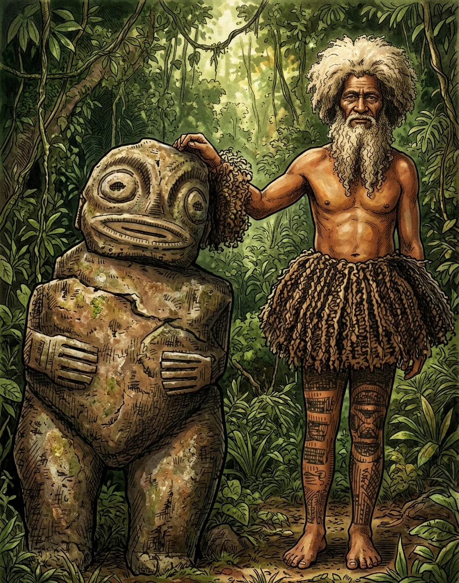 The Stone Image of Marquesas Islands, and a Marquesan Chief.