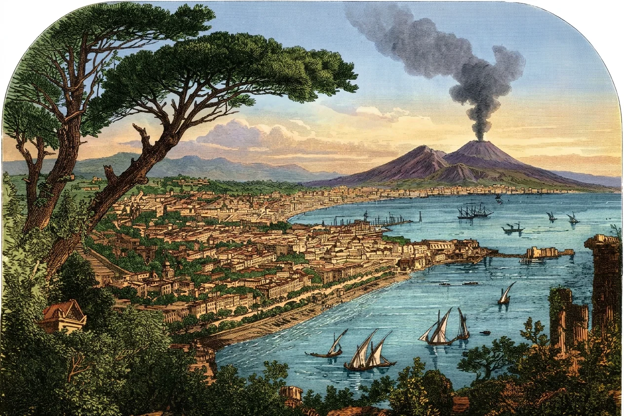 THE CITY AND BAY OF NAPLES, WITH VESUVIUS IN THE DISTANCE.