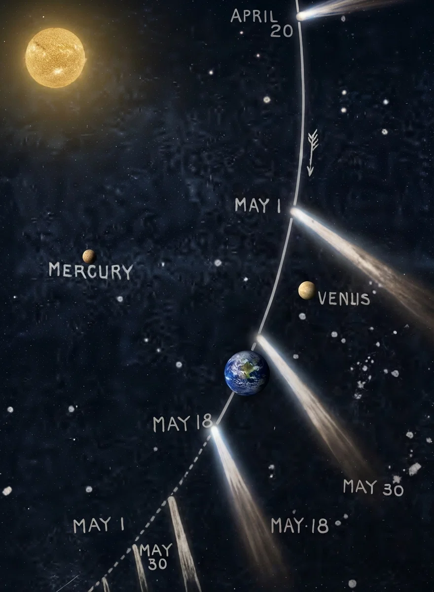 HALLEY'S COMET, THE SUN, AND THE EARTH The sun is the large sphere; the earth the small sphere not named.