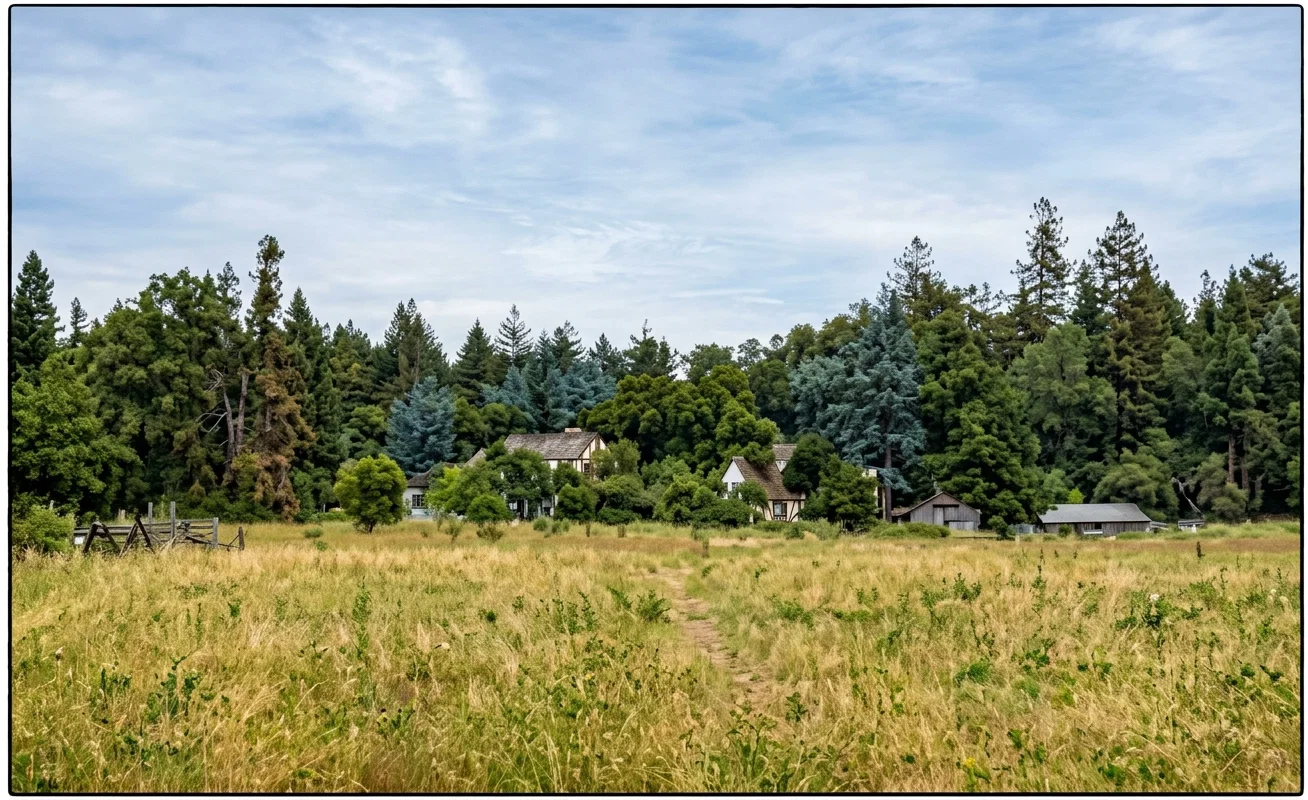 A General View Across the Field to Cottages Nestling Among the Trees