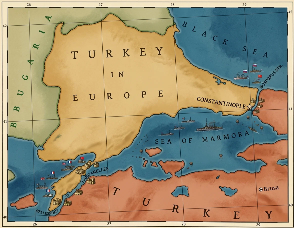 The above map shows the situation of Constantinople on the Bosporus. This strait connects the Black Sea with the Sea of Marmora. It is about seventeen miles long and is strongly fortified. The Russian Black Sea fleet is endeavoring to force its way through this strait. The Sea of Marmora is about one hundred and seventy-five miles long. It is heavily mined. The Dardanelles is a narrow strip of water connecting the Sea of Marmora with the Mediterranean. It has been strongly fortified at the Mediterranean entrance and at strategic points along the course of the waterway. The combined fleets of England and France have already reduced the forts at the entrance, and are now about halfway through the strait. Both the Russian and the Allied fleets have Constantinople as their objective.