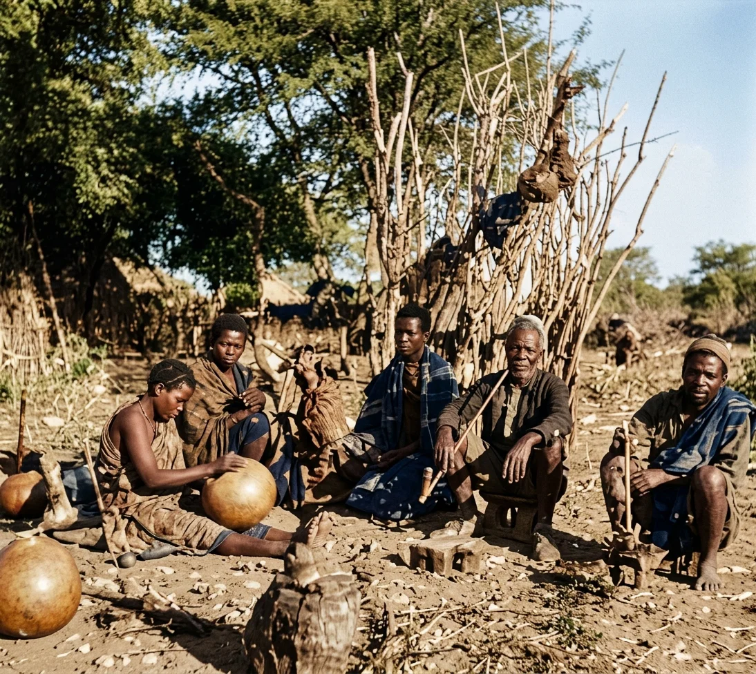 Natives at home. Notice old man with long pipe resting on a stool made from solid piece of wood. Also woman at left churning by rolling calabash across her lap.