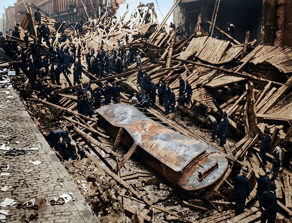 View of the wreck produced by the explosion of a gas main in one of the streets of New York City.