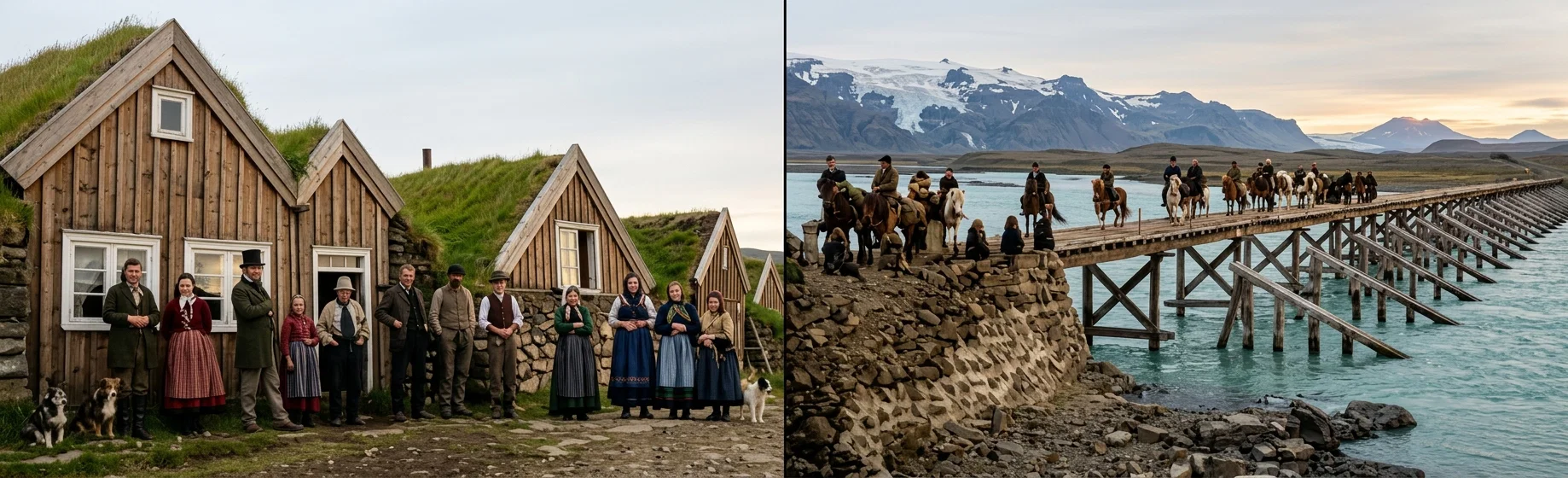 FARM HOUSES IN ICELAND    BRIDGE ACROSS LAGER RIVER