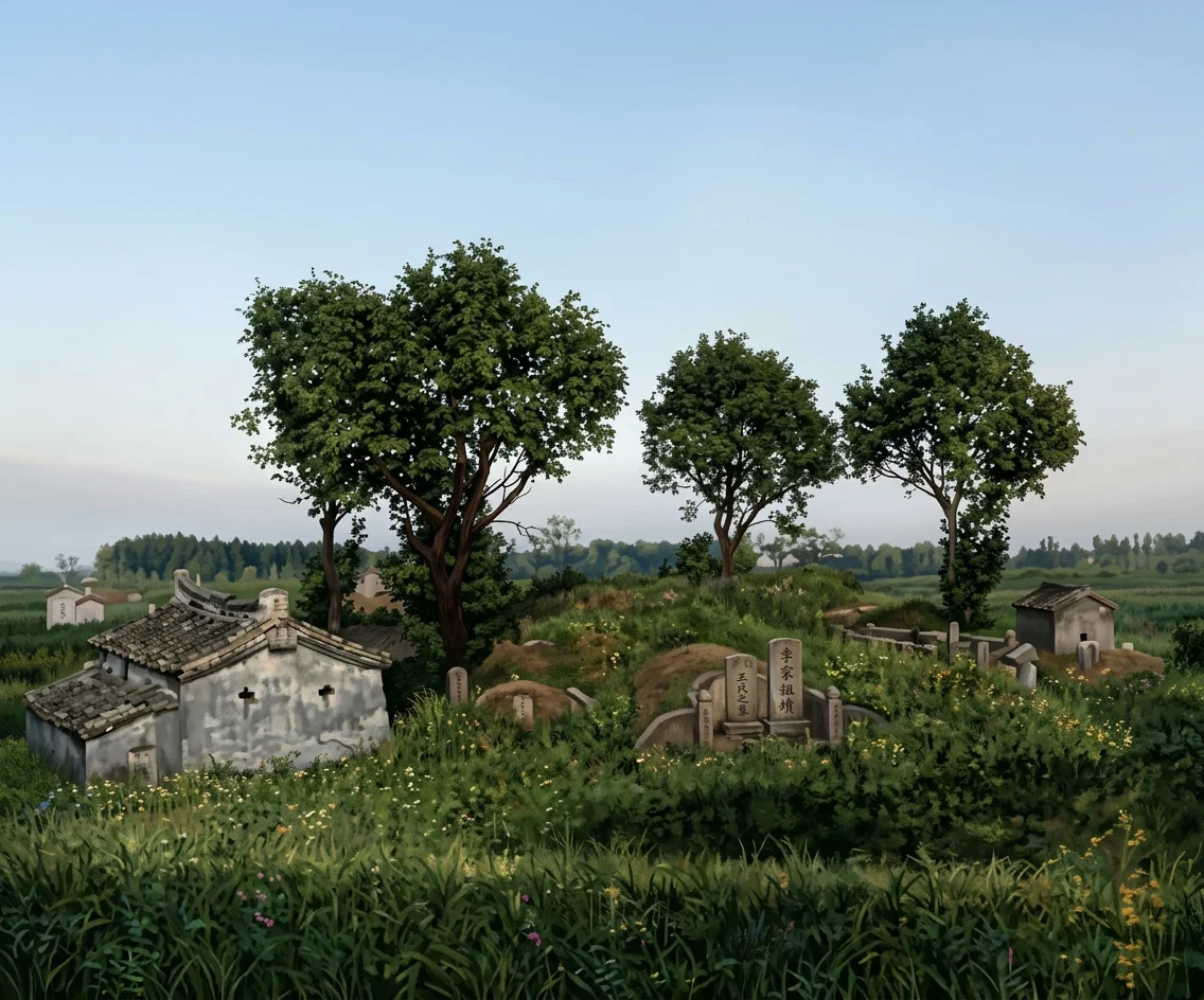 View from the Signs of the Times office, showing the coffins and graves scattered over the field. China has very peculiar plans for burial.