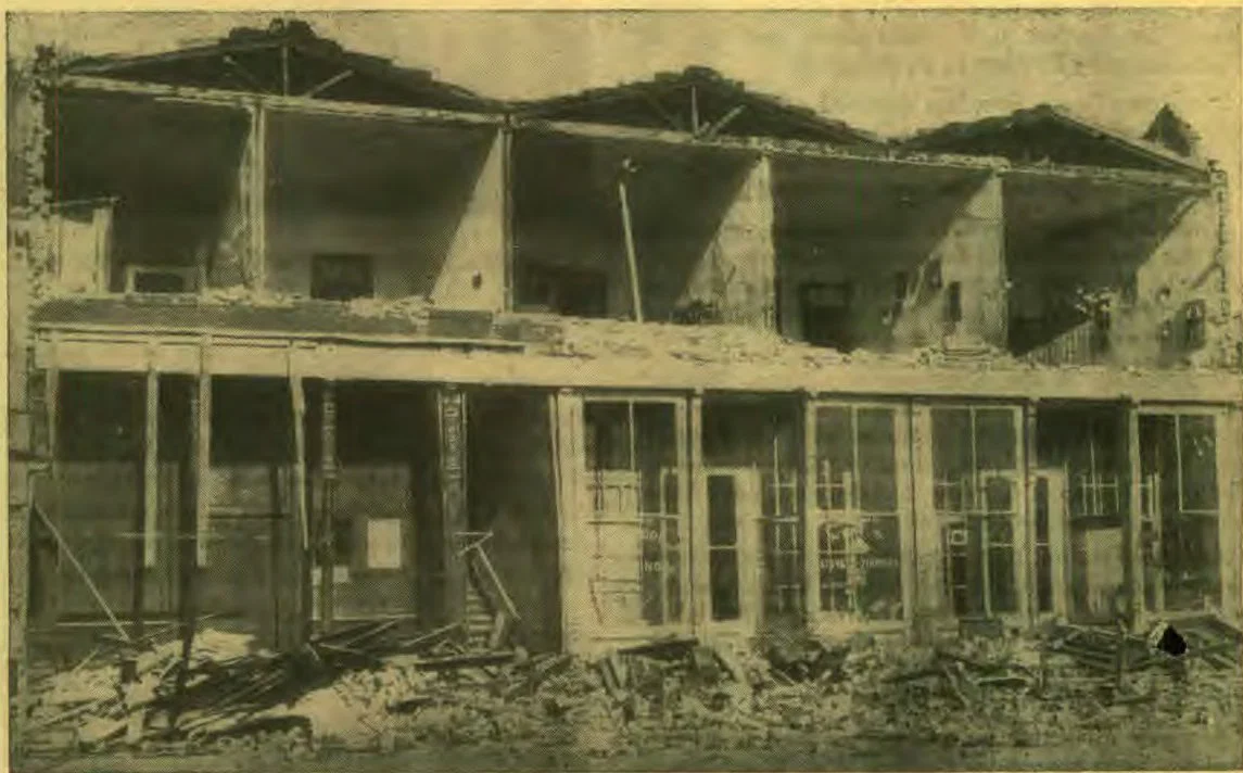 Gobbi Building, Healdsburg. This is a typical scene which might be met in every town where the earthquake did any considerable damage, the front wall fallen away, leaving open bedrooms which appear like little doll houses seen on exhibition.