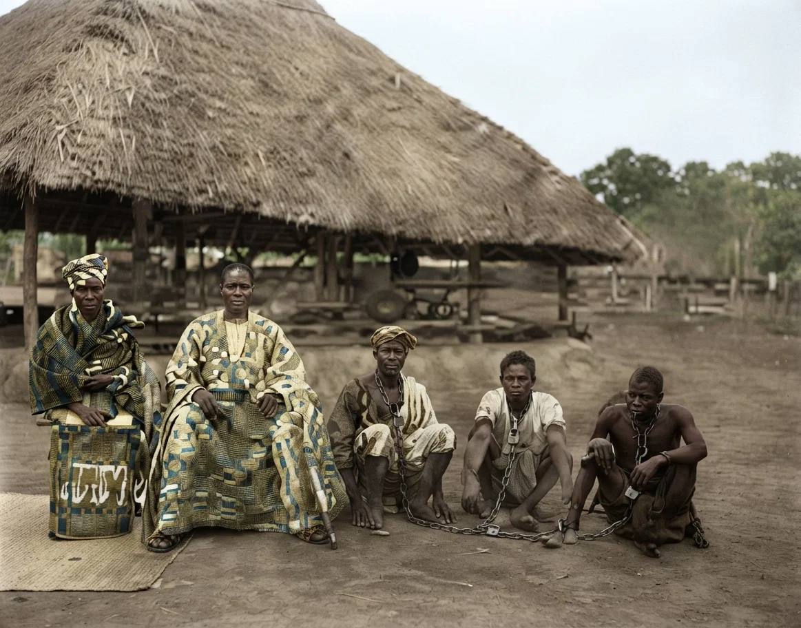 A SIERRA LEONE CHIEF, HIS WIFE, AND THREE PRISONERS WITH CHAINS AROUND THEIR NECKS, FASTENED WITH PADLOCKS