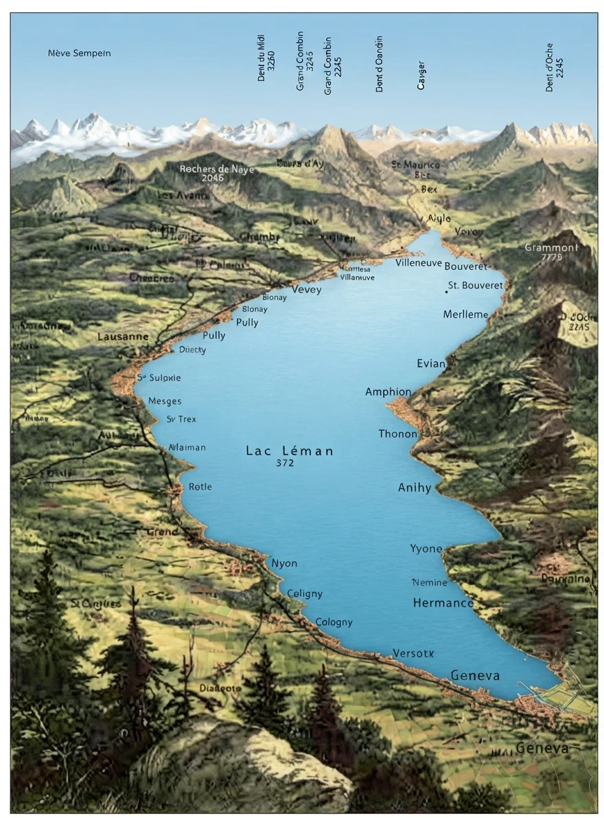 RELIEF-MAP OF LAKE GENEVA, OR LEMAN — THE CITY OF GENEVA AT THE FOOT