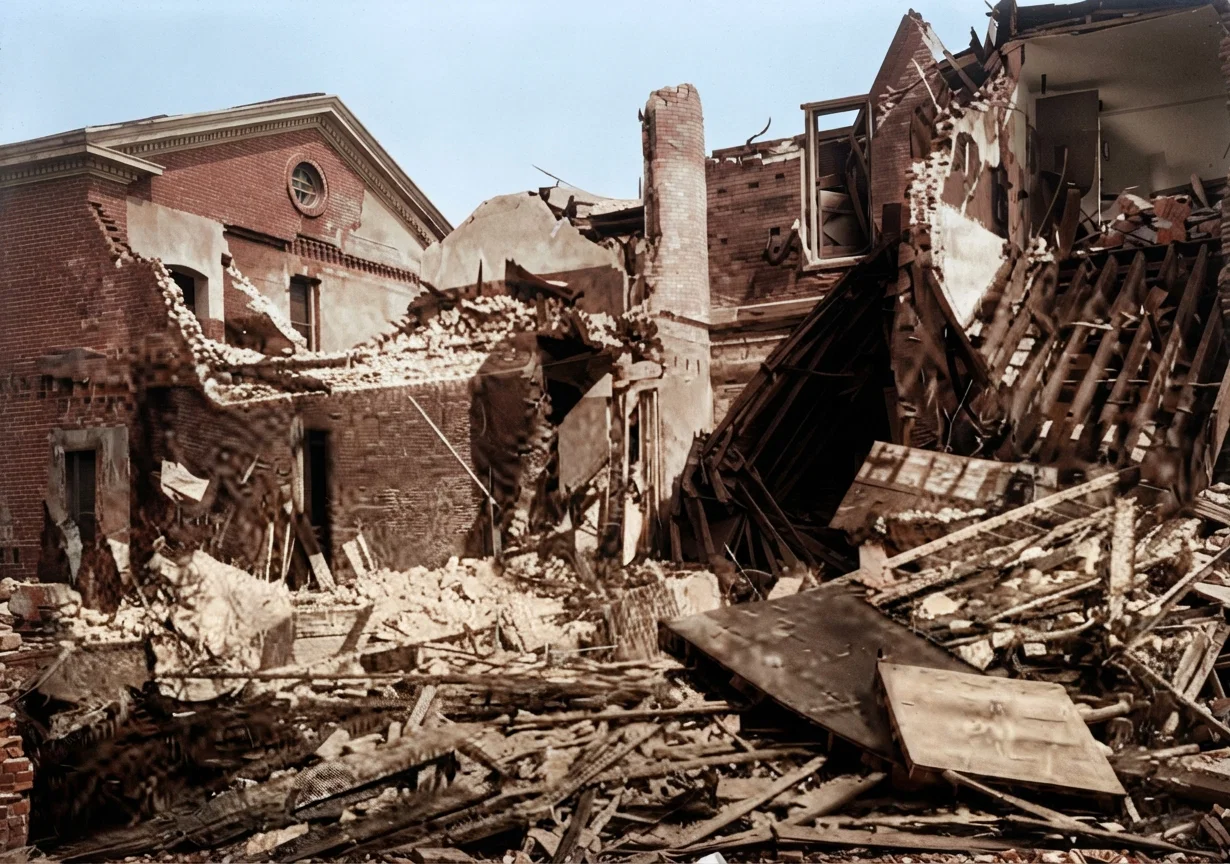 Agnews State Insane Asylum, near San Jose, showing the terrible power of the earthquake, and the utter collapse of the great building, in which 117 persons were killed. This structure was four stories, built of brick. One of the insane, a doctor, became sane.