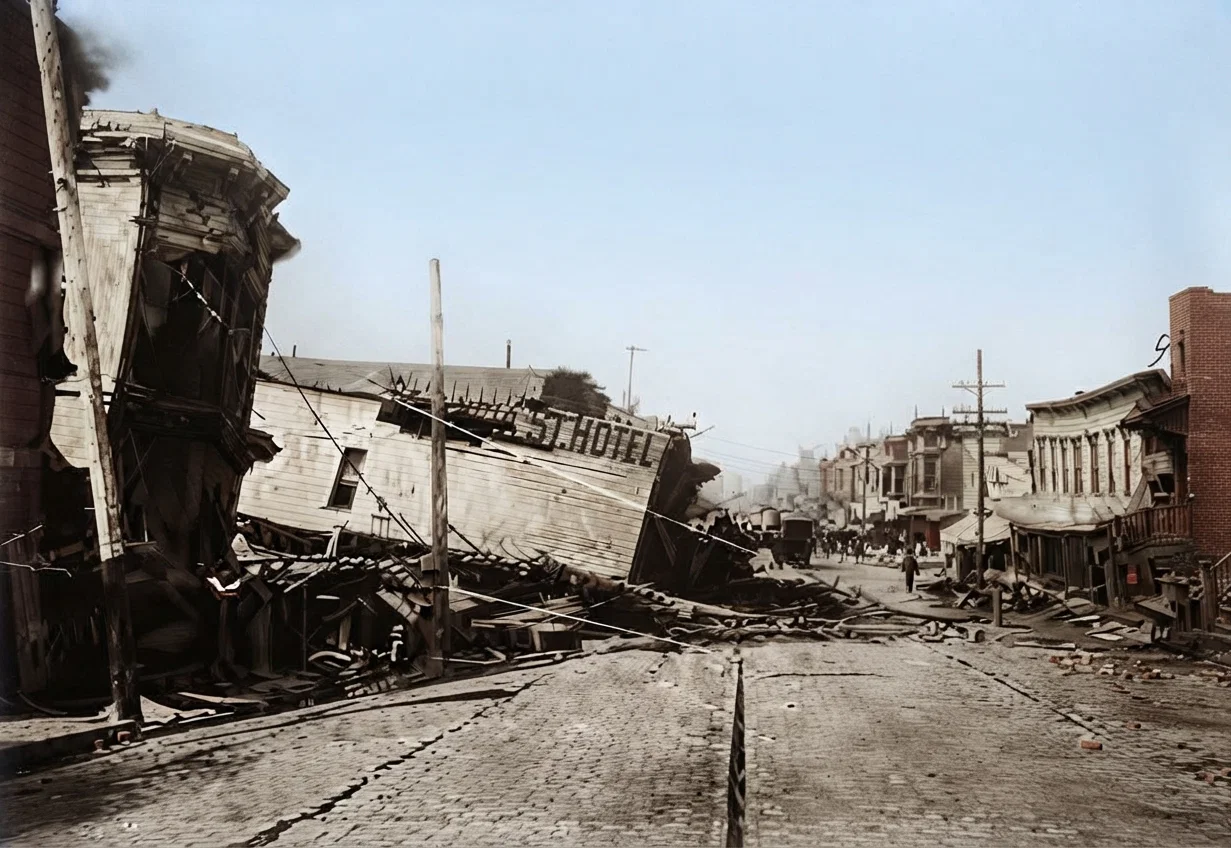 Collapse of the large, four-story Valencia Street Hotel, in which four stories were telescoped into one. The street also sunk several inches here. Between thirty and forty were killed in this building, which caught fire soon after its collapse.