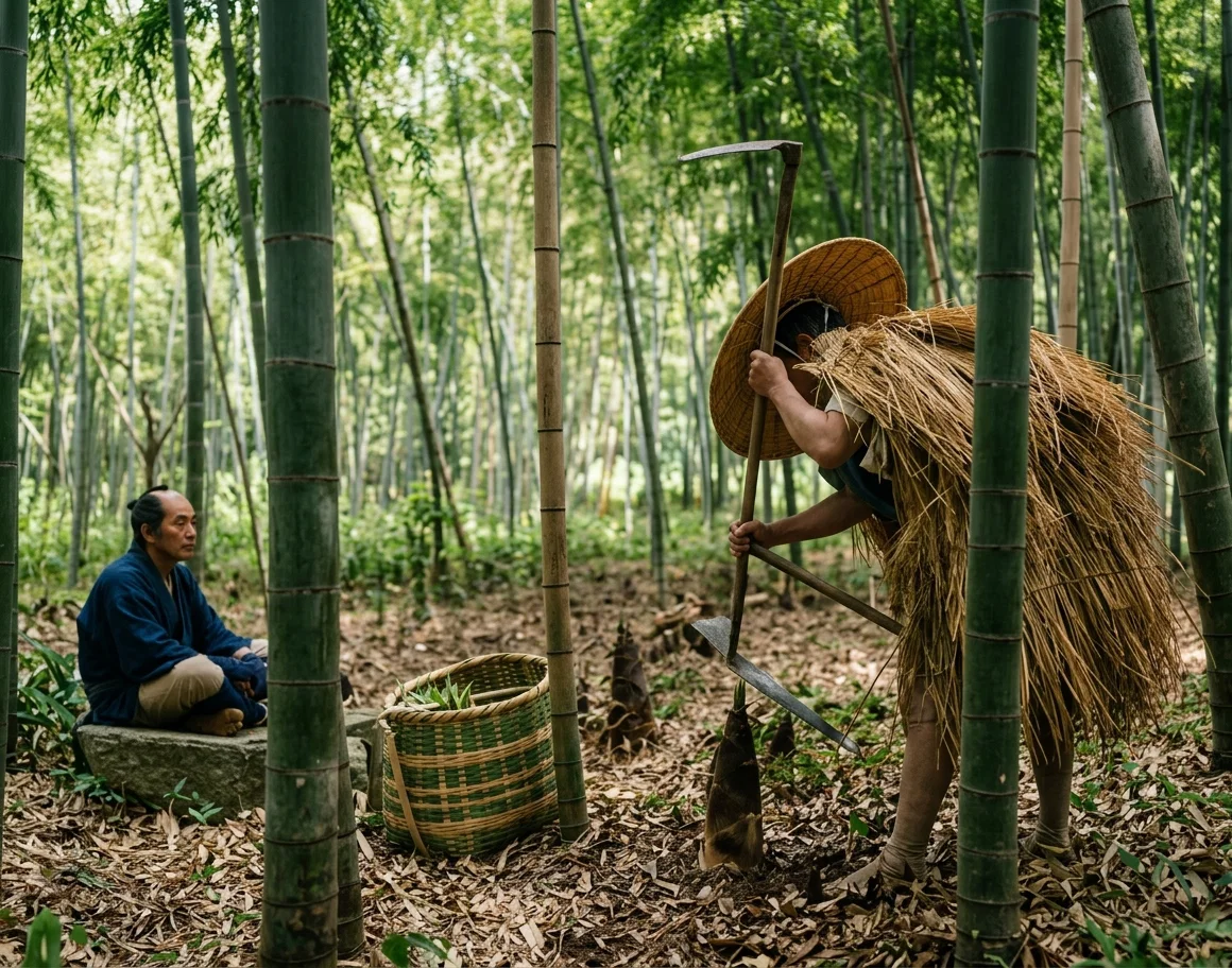 JAPANESE FARMER GATHERING BAMBOO SPROUTS FOR EATING