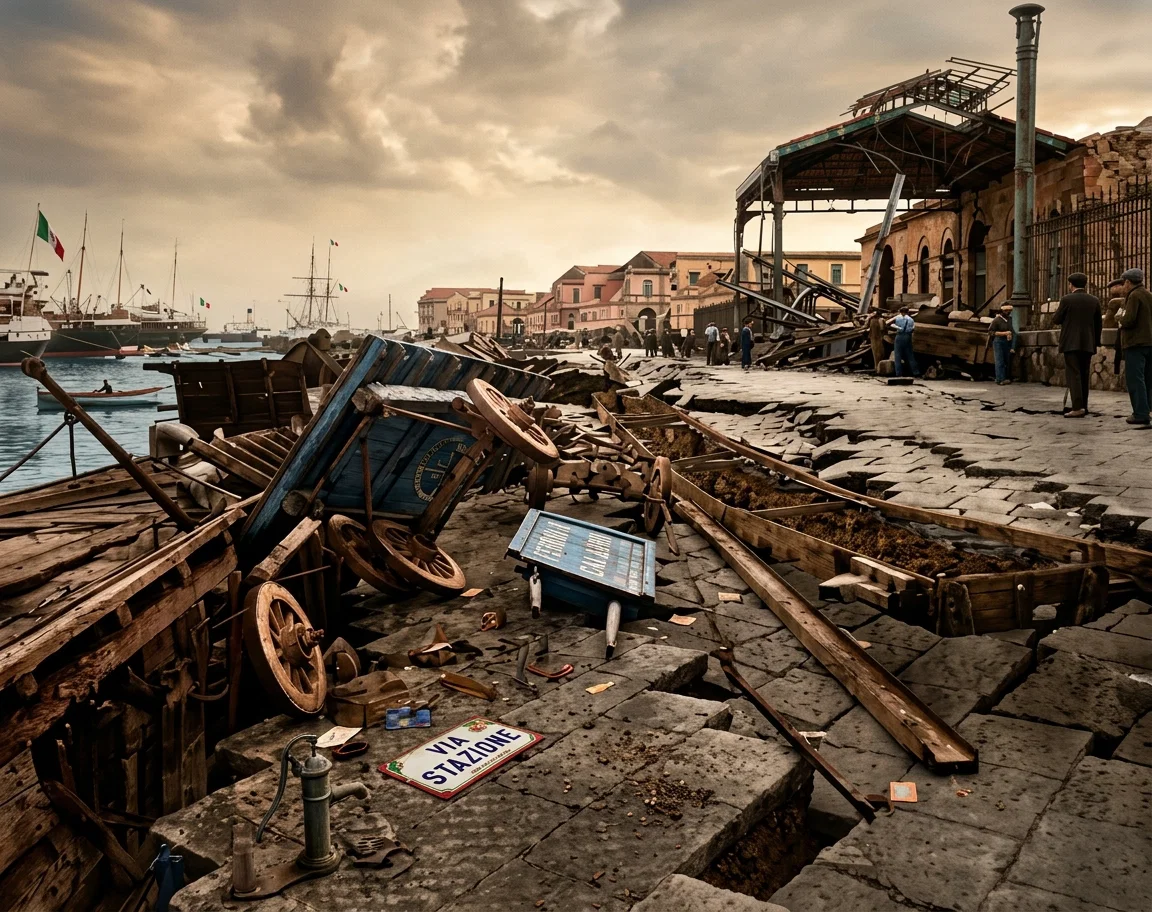 At the railway station, showing large fissures in the streets.