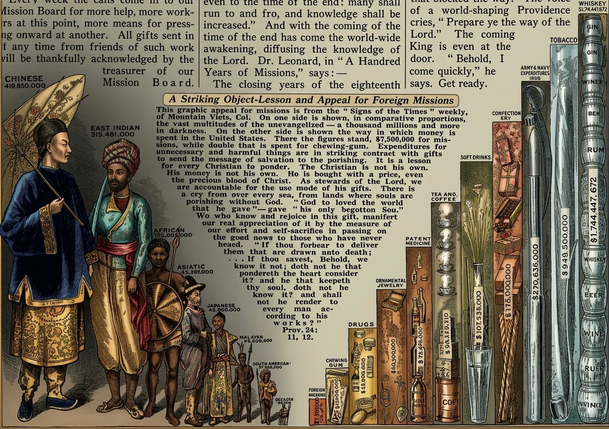 A Striking Object-Lesson and Appeal for Foreign Missions
This graphic appeal for missions is from the “Signs of the Times” weekly, of Mountain View, Cal. On one side is shown, in comparative proportions, the vast multitudes of the unevangelized—a thousand millions and more in darkness. On the other side is shown the way in which money is spent in the United States. There the figures stand, $7,500,000 for missions, while double that is spent for chewing-gum. Expenditures for unnecessary and harmful things are in striking contrast with gifts to send the message of salvation to the perishing. It is a lesson for every Christian to ponder. The Christian is not his own. His money is not his own. He is bought with a price, even the precious blood of Christ. As stewards of the Lord, we are accountable for the use made of his gifts. There is a cry coming over every sea, from lands where souls are perishing without God. “God so loved the world that he gave”—gave “his only begotten Son.” We who know and rejoice in this gift, manifest our real appreciation of it by the measure of our effort and self-sacrifice in passing on the good news to those who have never heard. “If thou forbear to deliver them that are drawn unto death; ... if thou sayest, Behold, we knew it not; doth not he that pondereth the heart consider it? and he that keepeth thy soul, doth not he know it? and shall not he render to every man according to his works?” Prov. 24: 11, 12.