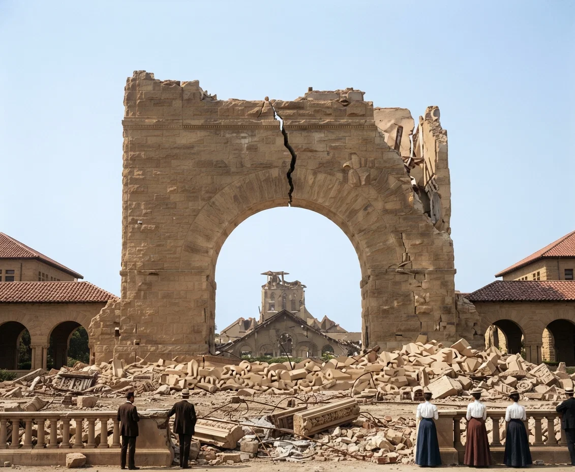 Arch at the entrance of the Quadrangle after the earthquake.