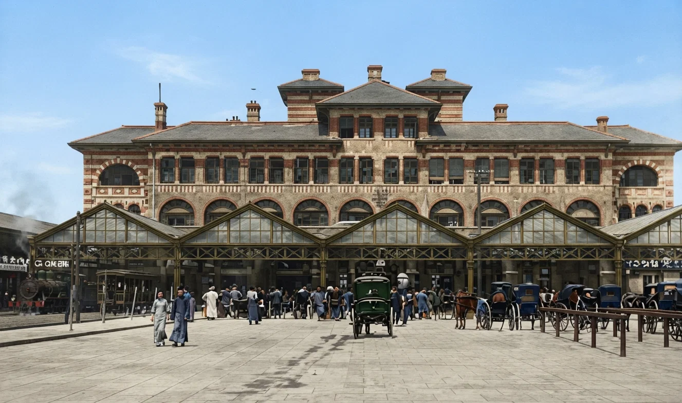 Shanghai-Nanking Railway Station, the finest station in China. Trains run in the station at the left of the picture. The street entrance is at the right.