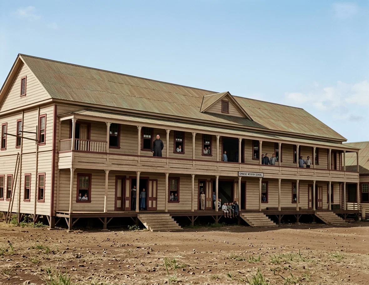 Main school building in partially unfinished condition. The figure on the upper veranda is that of Kan Wing Chew, who happened to be inspecting the building when the picture was taken. He stands second to Wong Kwai only, in his activity for the interests of the school. At the right may be seen a portion of the cottage we are now occupying.