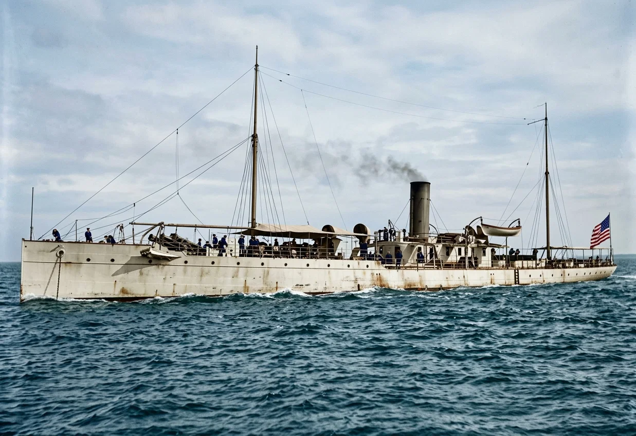 The Dynamite Cruiser Vesuvius.—Displacement, 929 tons; length, 252.3 feet; width, 26.5 feet; speed, 21.4 knots an hour. Has three 15-inch guns for throwing dynamite projectiles. This vessel is an experiment as yet, but; it is designed that a single shot from her will destroy an enemy’s ship.