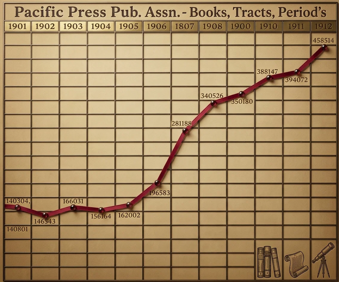 The above chart shows the increase in literature sales of the Pacific Press since their disastrous fire of 1906.