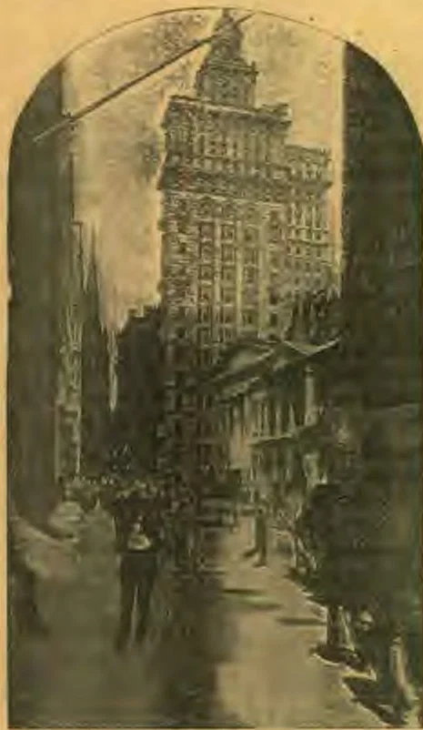 Wall Street, the center of money influence in America. Trinity Church spire in the distance, now insignificant, formerly a landmark. The huge building, a new one, just erected, the tallest on Wall Street. The little low building with columns in front, at the right of the picture, is United States Subversary building, and just this side the Government Assay Office.